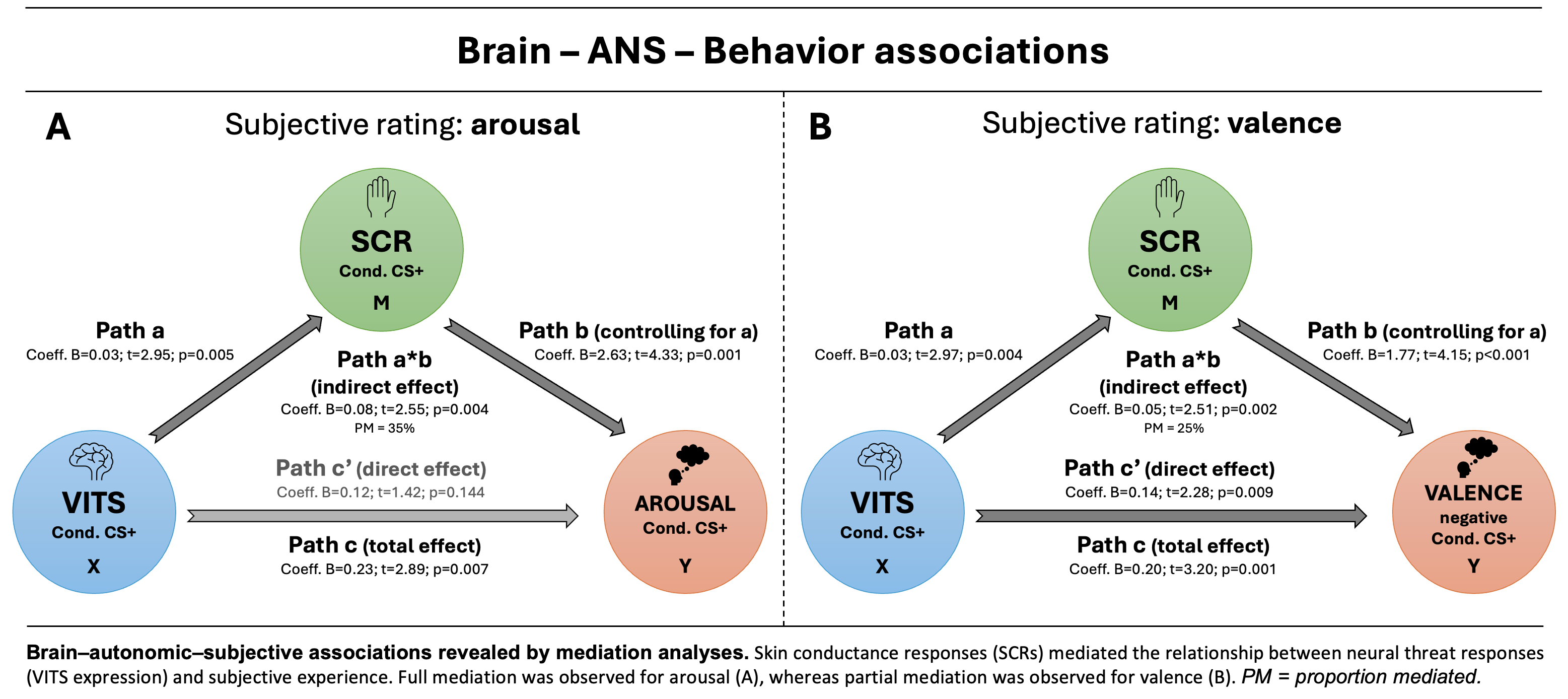 Brain–autonomic–subjective associations revealed by mediation analyses. Skin conductance responses (SCRs) mediated the relationship between neural threat responses (VITS expression) and subjective experience. Full mediation was observed for arousal (A), whereas partial mediation was observed for valence (B). PM = proportion mediated.