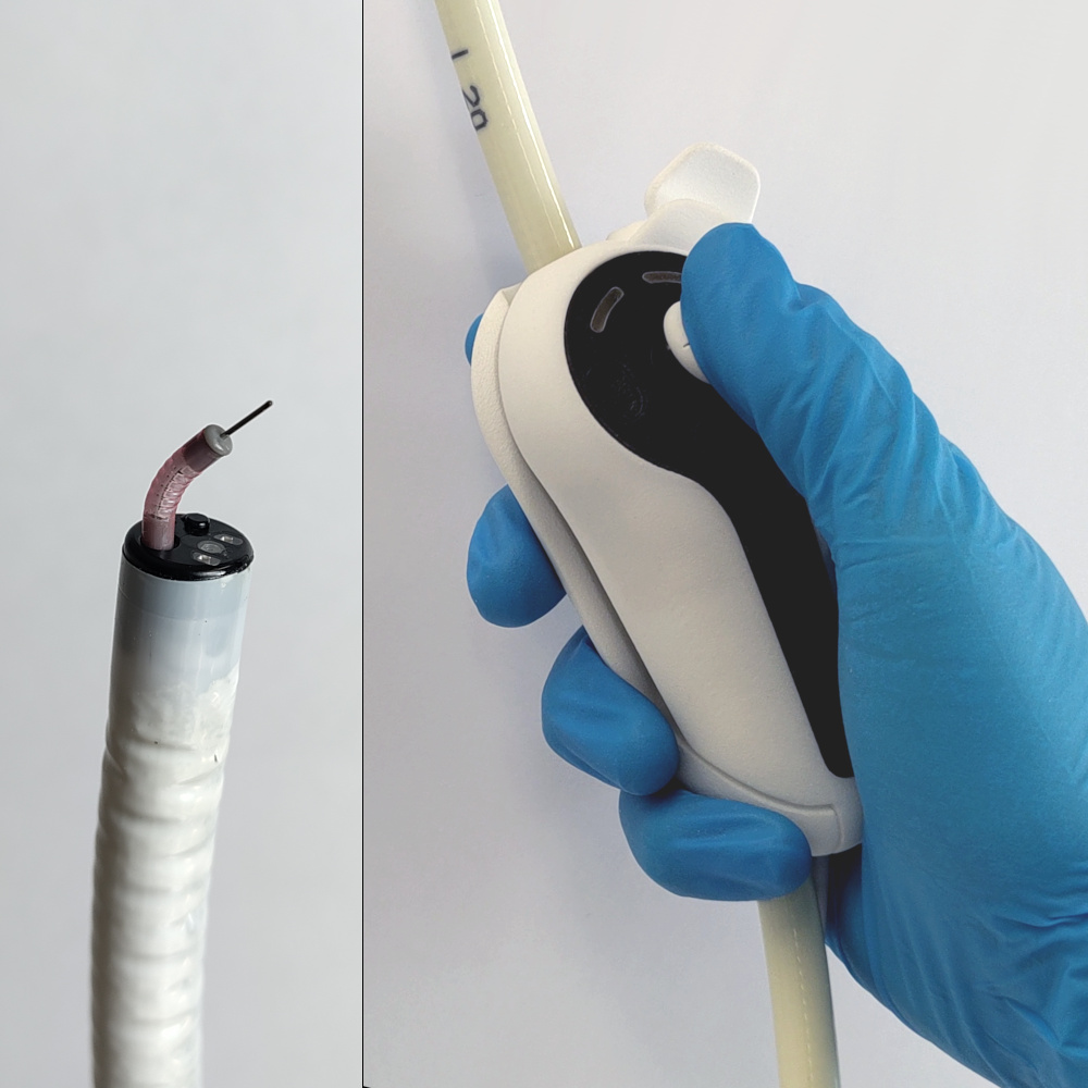 Abbildung 2: Steuerbares ESD-Messer mit Gelenk und Bedieneinheit am Endoskopschlauch. 