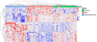 Unsupervised hierarchical clustering of 114 infants (mild n = 39, moderate/severe n = 35 and healthy controls n = 40) with 35 genes derived from Bonferroni-corrected ANOVA (mild vs moderate/severe vs controls). Each column represents a patient and each line a gene. Upregulated genes are represented in red and downregulated genes in blue. Heatmap showed separate clusters in babies with mild (red) , moderate/severe HIE (blue) and healthy controls (green).