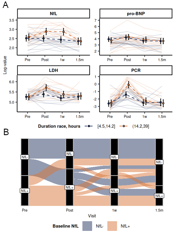 Figure with two panels. Panel A shows line plots of the biomarkers NfL, pro-BNP, LDH, and CRP measured at four time points (pre, post, 1 week, and 1.5 months), comparing two groups based on race duration. Panel B presents a flow diagram illustrating transitions between NfL-negative and NfL-positive status across the visits