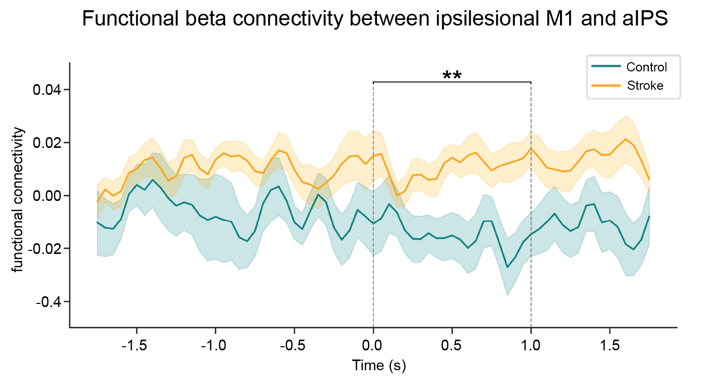Time course of task-related beta-band (14–25 Hz) functional connectivity between ipsilesional M1 and aIPS in stroke patients (orange) and controls (blue) after movement initiation. Shaded areas indicate ±1 SEM. Dashed lines indicate the time window used for statistical comparison.