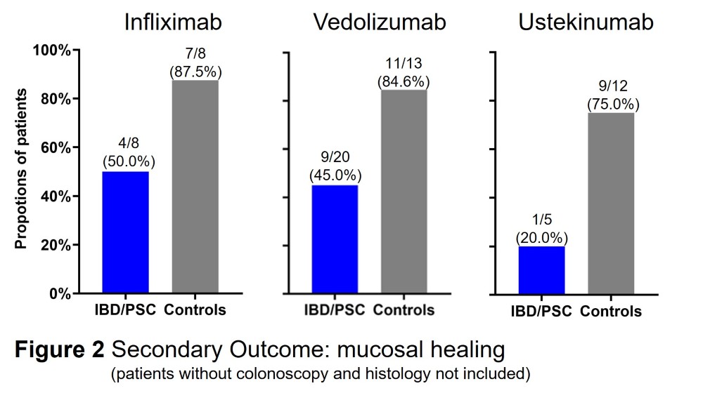 Das Bild zeigt drei Balkendiagramme, welche die endoskopischen Ansprechraten auf die Medikamente Infliximab, Vedolizumab und Ustekinumab darstellen. Dabei ist jedes Balkendiagramm in zwei Gruppen unterteilt, die IBD/PSC-Gruppe (blau) und die Kontrollgruppe (grau).