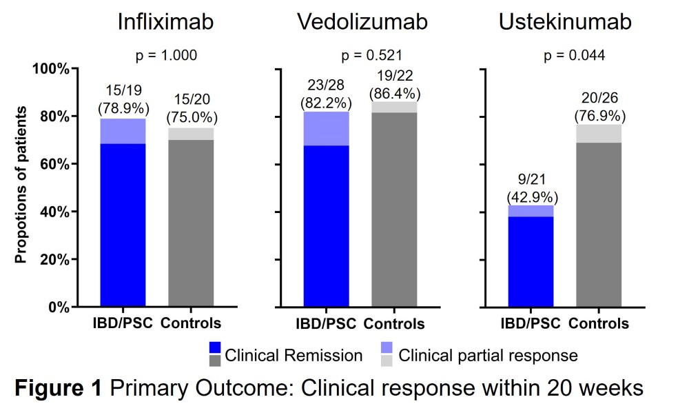 Das Bild zeigt drei Balkendiagramme, welche die klinischen Ansprechraten auf die Medikamente Infliximab, Vedolizumab und Ustekinumab darstellen. Dabei ist jedes Balkendiagramm in zwei Gruppen unterteilt, die IBD/PSC-Gruppe (blau) und die Kontrollgruppe (grau).