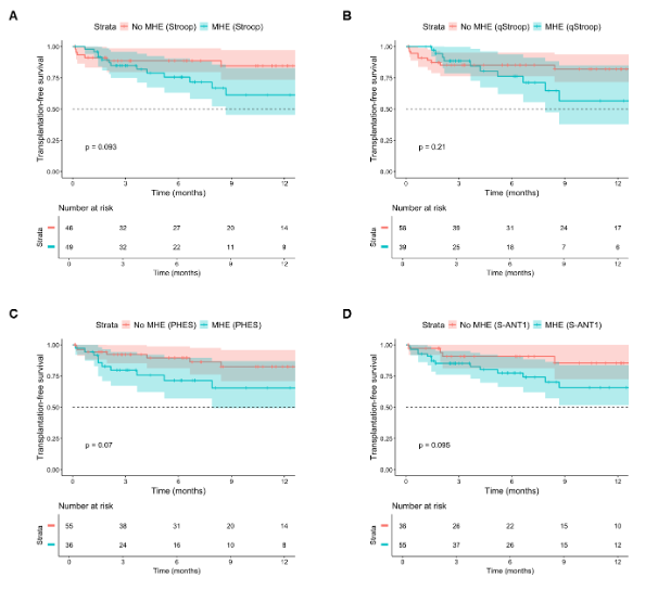 Abb. 1: Lebertransplantationsfreies Überleben, stratifiziert nach den Ergebnissen der MHE-Screeningtests. Lebertransplantationsfreies Überleben bei Patient*innen, stratifiziert nach (A) Stroop-MHE, (B) QuickStroop-MHE, (C) PHES-MHE und (D) S-ANT1-MHE.