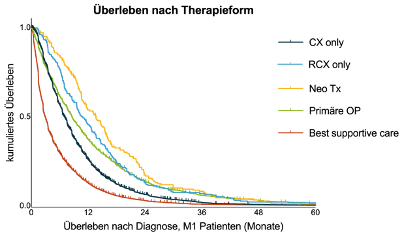 Kaplan-Meier Überleben von M1 Patienten in Monaten, je nach Therapieform