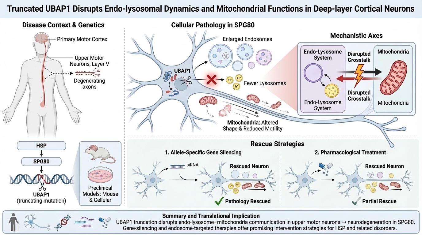 Scientific diagram: Truncated UBAP1 causes endo-lysosomal/mitochondrial dysfunction in SPG80 cortical neurons, with rescue strategies and translational insights.