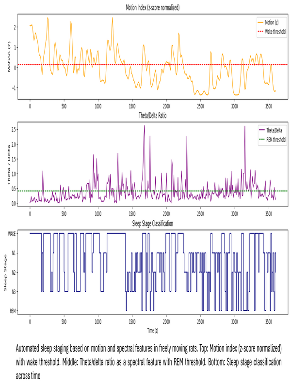 Three stacked plots showing motion index, theta/delta ratio, and derived sleep stages over time from cortical and inertial recordings in a rat.
