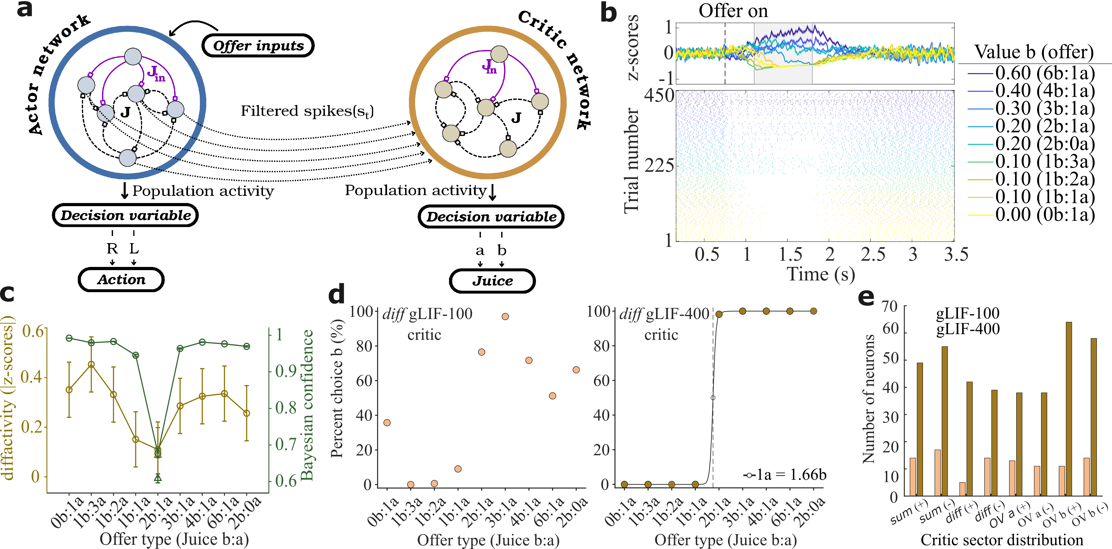 Figure. Spiking actor–critic network and population coding of confidence and value. (a) Schematic of the spiking actor–critic system obtained by transferring trained continuous networks. Offers enter the actor through random, non-transferred input weights (purple), propagate through transferred recurrent weights (black), and are passed to the critic through another set of random weights, where activity evolves in an analogous recurrent structure. In both modules, population activity encodes continuous decision variables: action bias (left vs. right) in the actor and graded object values for juices a and b in the critic. (b) Raster plot of a critic gLIF neuron tuned to the offered value of juice b, grouped by offer magnitude (color). The gray shaded region (1100–1800 ms) indicates the analysis window used for sector classification. The Fano factor (0.94) indicates near–Poisson variability. (c) Difference population activity (left axis) and Bayesian confidence predicted by a trained logistic readout (right axis) across offers, shown for correct (circles) and error (triangles) trials. Population activity closely tracks Bayesian confidence (Spearman ρ = 0.80, p = 0.013), indicating that confidence emerges at the population level rather than from specialized neurons. (d) Choice patterns reconstructed from the difference populations in the actor (left) and critic (right) before and after increasing module size from N = 100 to N = 400. Actor performance is preserved, whereas critic performance improves with expansion. (e) Sector distributions and coefficients of determination for population codes. Increasing population size raises the number of encoding neurons while preserving sector organization, selectively stabilizing value-related representations while leaving action selection largely unchanged, revealing an asymmetry between valuation and control computations.