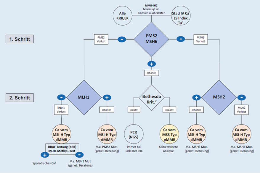 Testalgorithmus zur dMMR/MSI-H-Analyse in der Routinediagnostik am Institut für Pathologie Nordhessen (Rüschoff 2021).