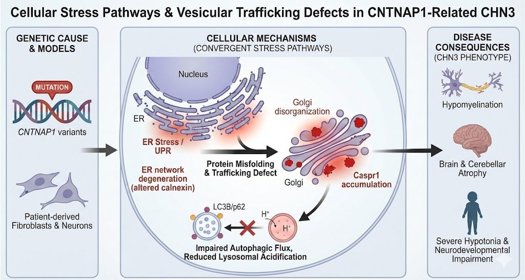 CNTNAP1-related CHN3 progress model from origin and models to disease consequences. Going over the cellullar mechanisms affected.