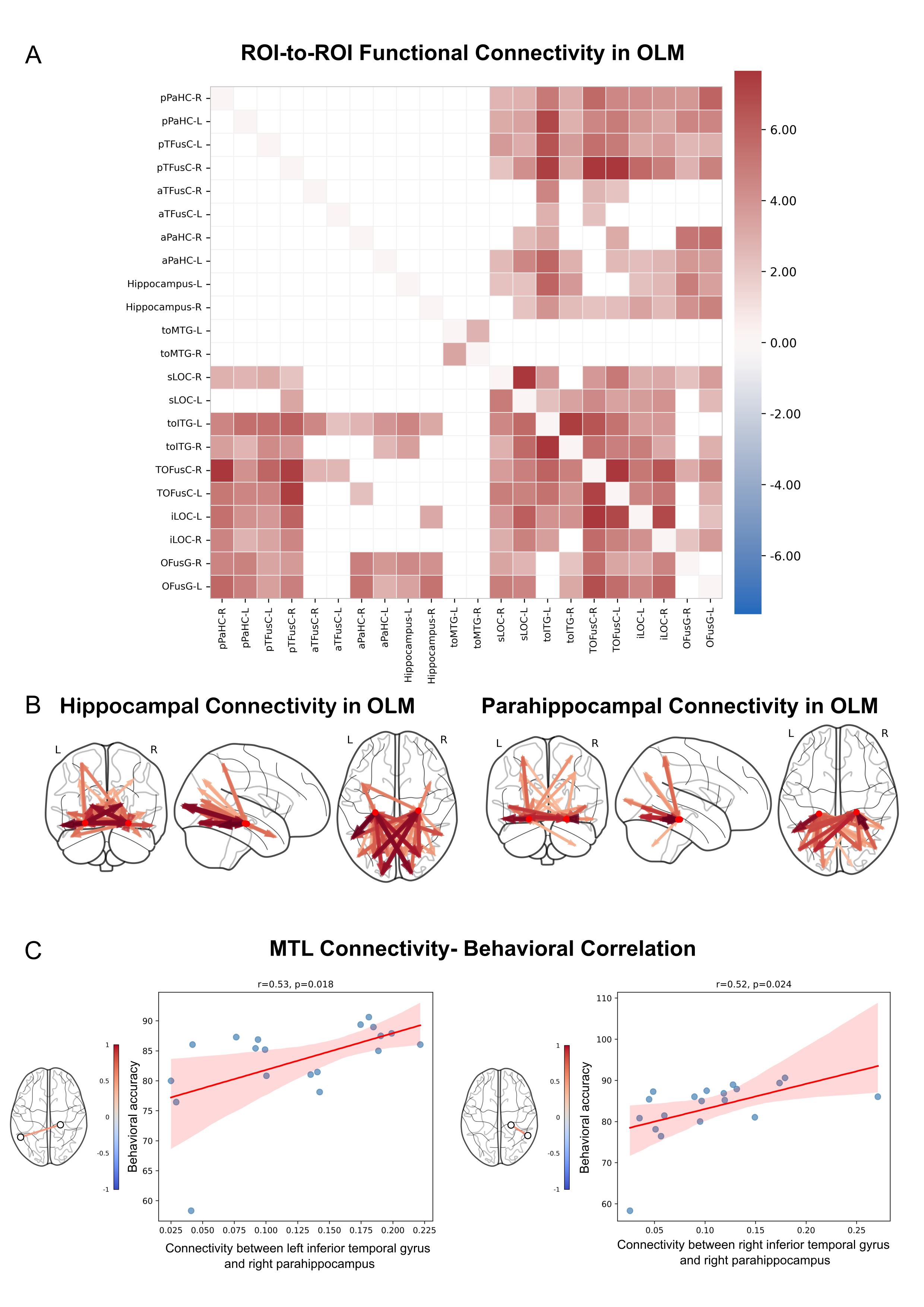 Figure. Functional connectivity underlying object–location memory. A ROI-to-ROI gPPI connectivity matrix for the learning > control contrast (n = 19). B Connectome representations of significant learning-related connectivity involving hippocampal and parahippocampal regions. C Positive correlations between temporo-occipital–parahippocampal connectivity and mean behavioral accuracy across participants.