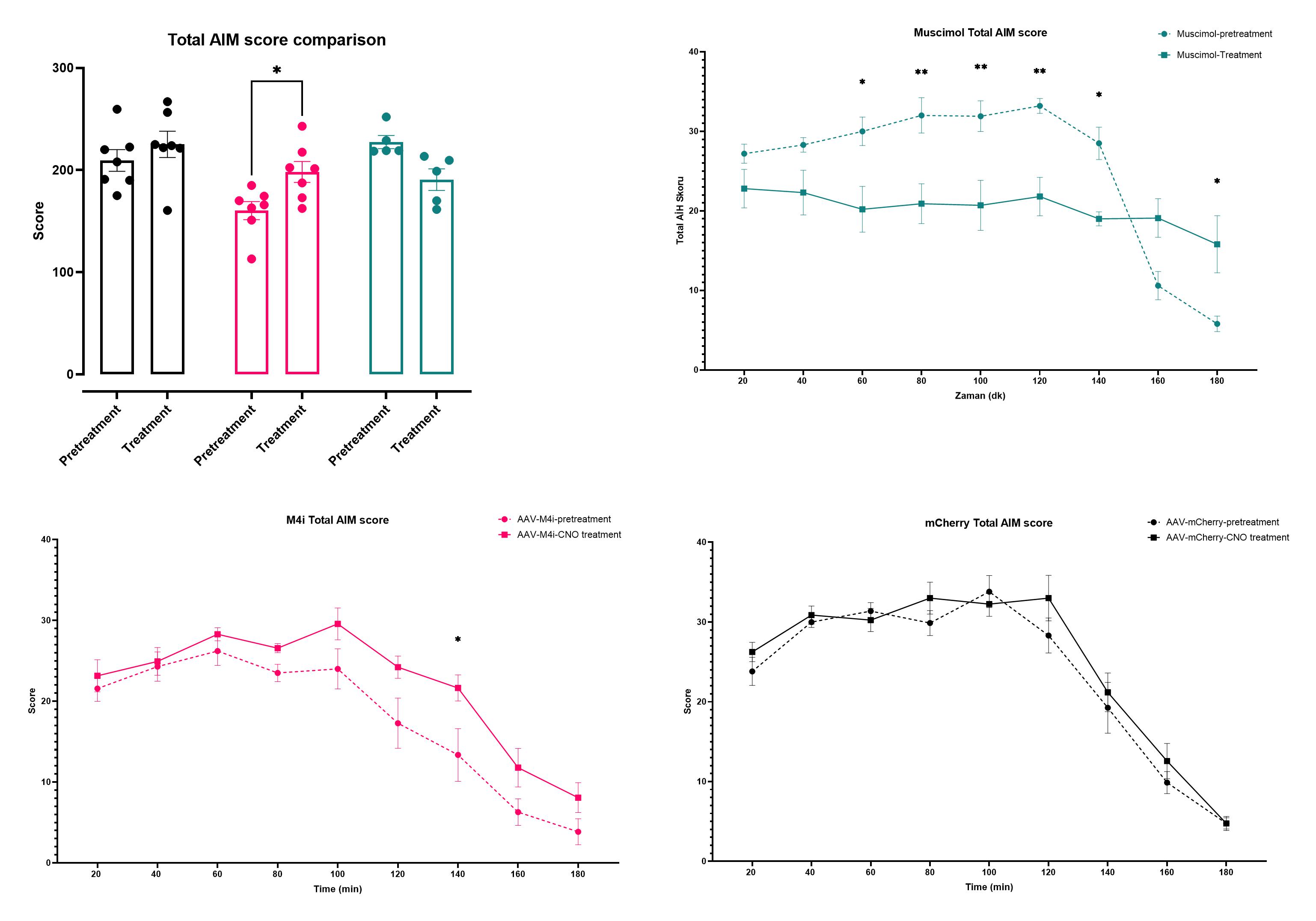 Comparison of the effects of drug administration on total AIM scores and their temporal profile