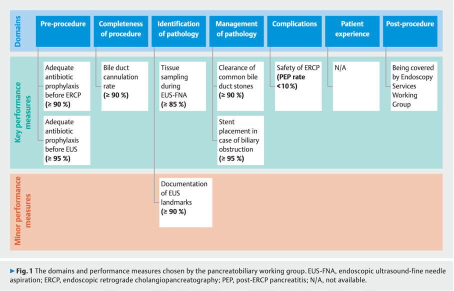The picture is a graphic describing the key performance measurements from the ESGE guideline 2017: 1. Adequate antibiotic prophylaxis before ERCP (>90%), Bile duct cannulation rate (>90%), Clearance of common bile duct stones (>90%), Stent placement in case of biliary obstruction (>95%), Safety of ERCP (PEP rate <10%)
