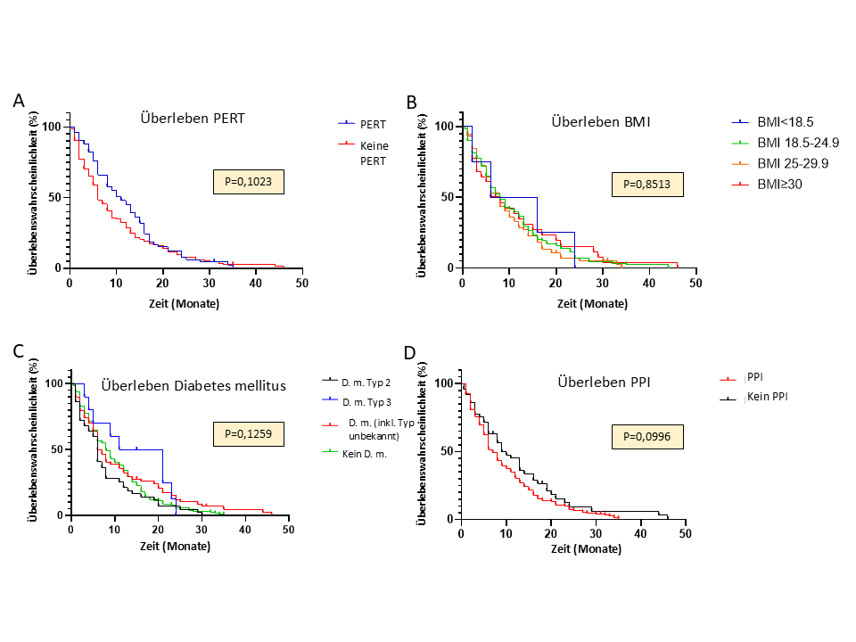 Abbildung 1: Überlebenswahrscheinlichkeit von Patient:innen mit PDAC im UICC-Stadium IV unter Berücksichtigung von PERT (A), BMI (B), Diabetes mellitus (C) und PPI (D).